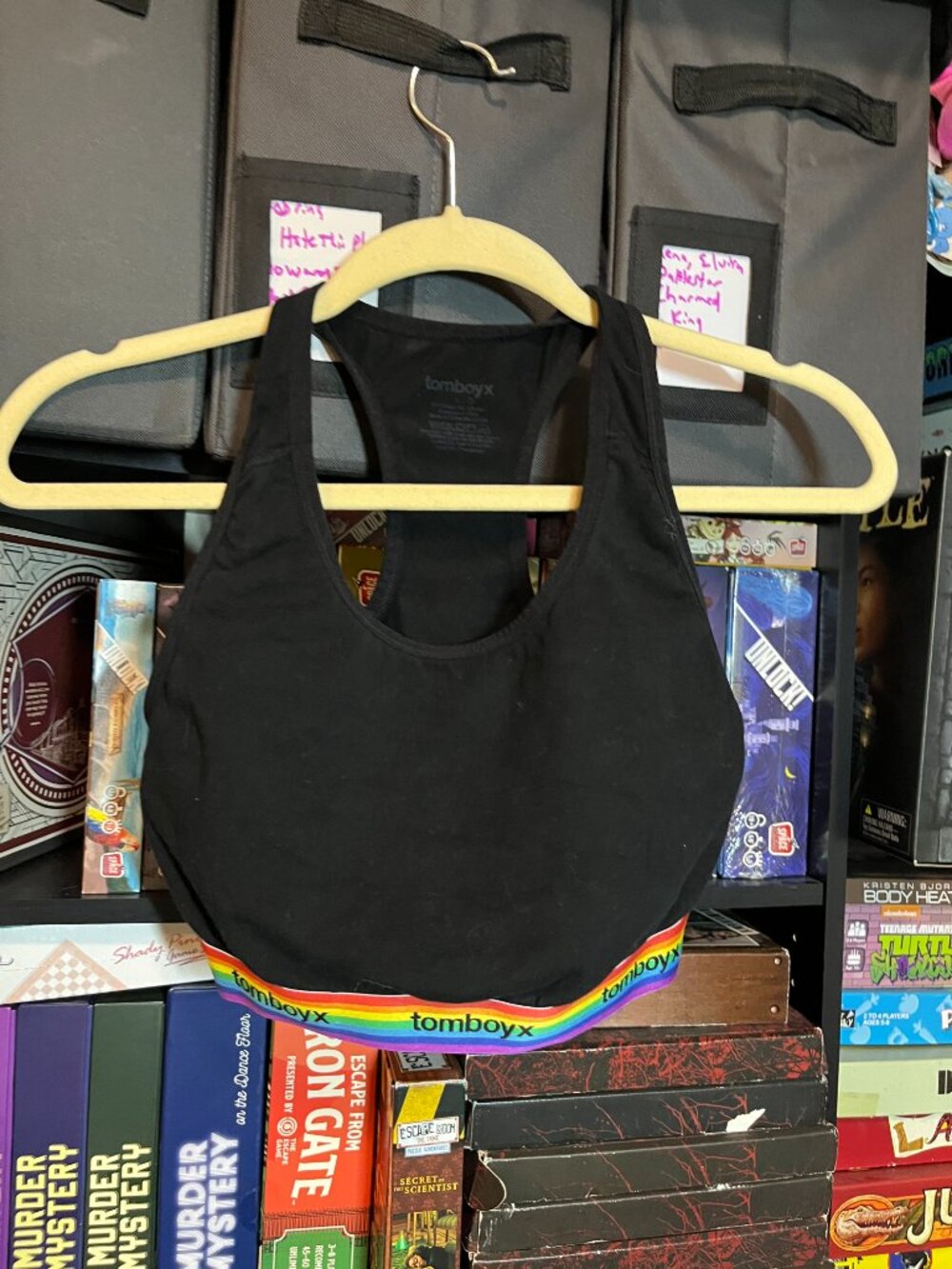 TomboyX Black Pride Racerback Sports Bras - Black/Rainbow Trim or Stripes LARGE